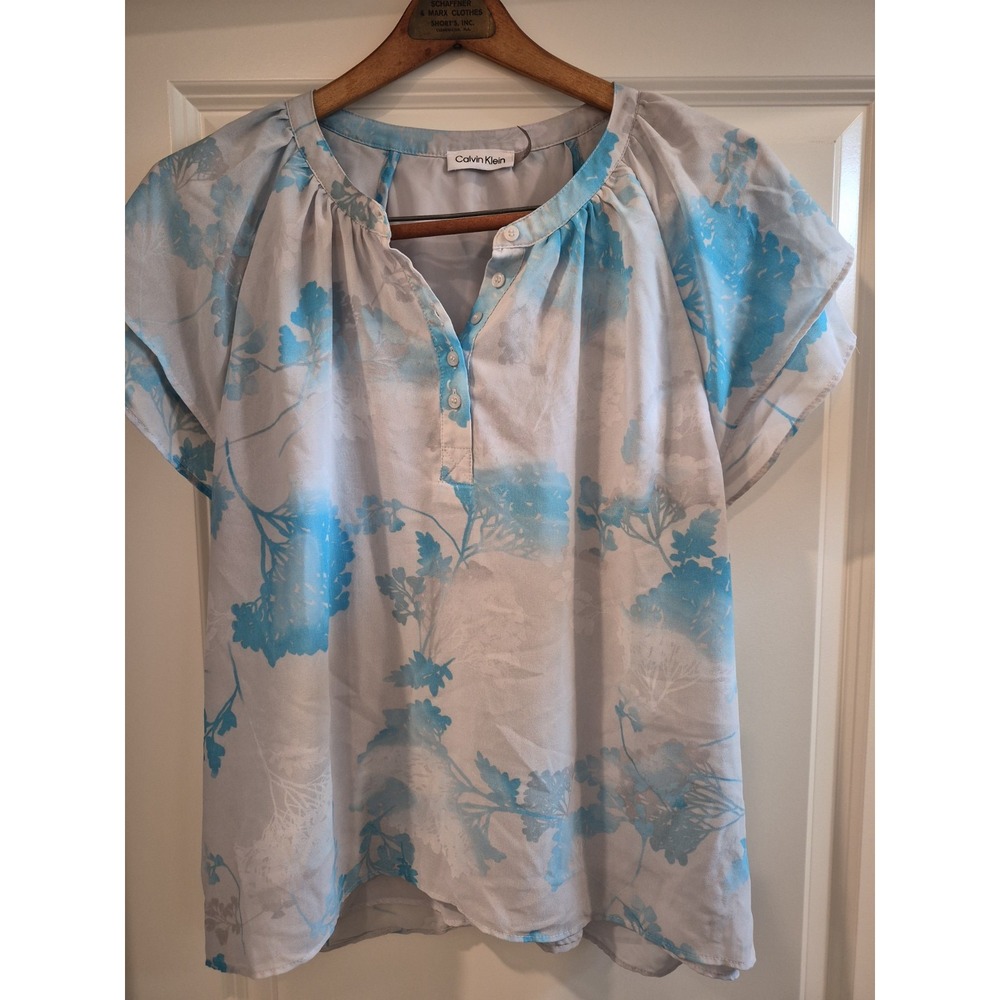 Calvin Klein Floral Print Ruffle Sleeve Round Button Neck Blouse Top Blue SZ XL